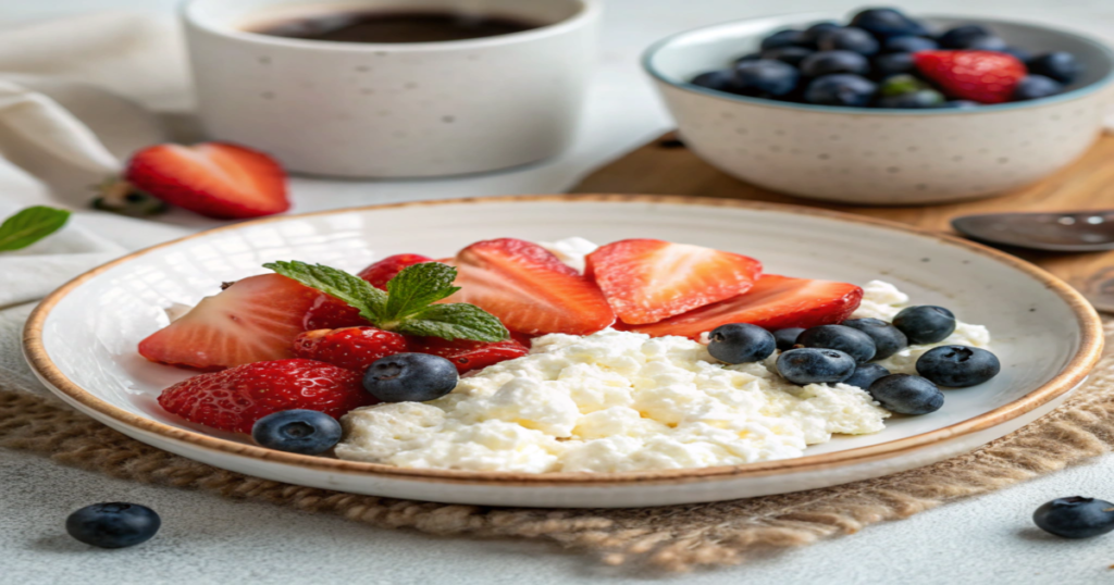 a plate of food with strawberries and blueberries