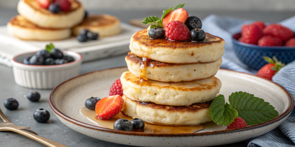 a stack of pancakes with berries and syrup on top