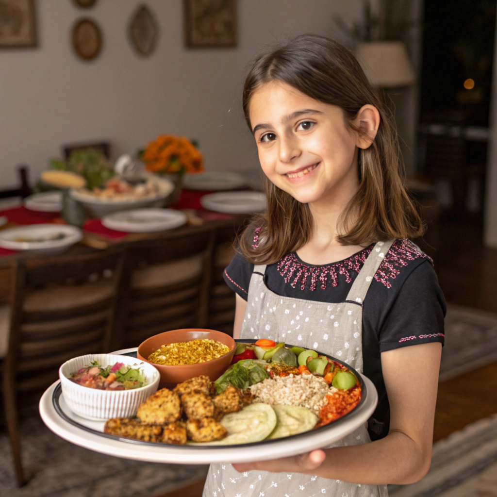 a girl holding a plate of food